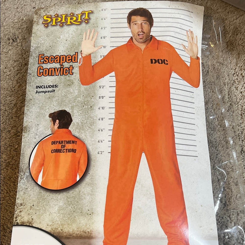 Spirit Men’s Escaped Convict Jumpsuit - Bright Orange with Black Print